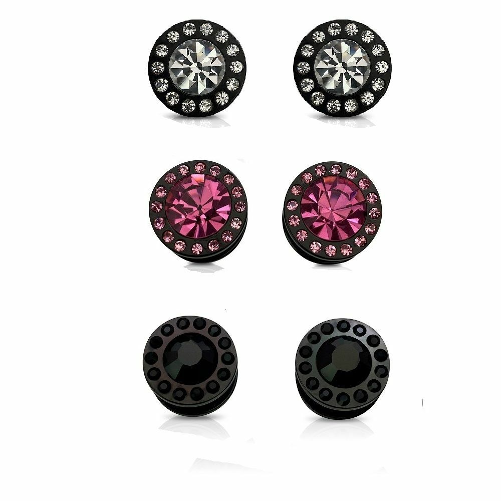 CZ Centered Black Surgical Steel Screw Fit Plugs- Sold as a Pair