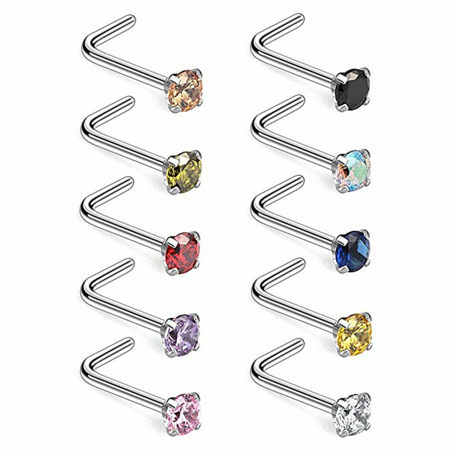 10pcs L Shape Nose Nail 316L Surgical Steel Ring Zircon Piercing Jewelry 1.5-3mm