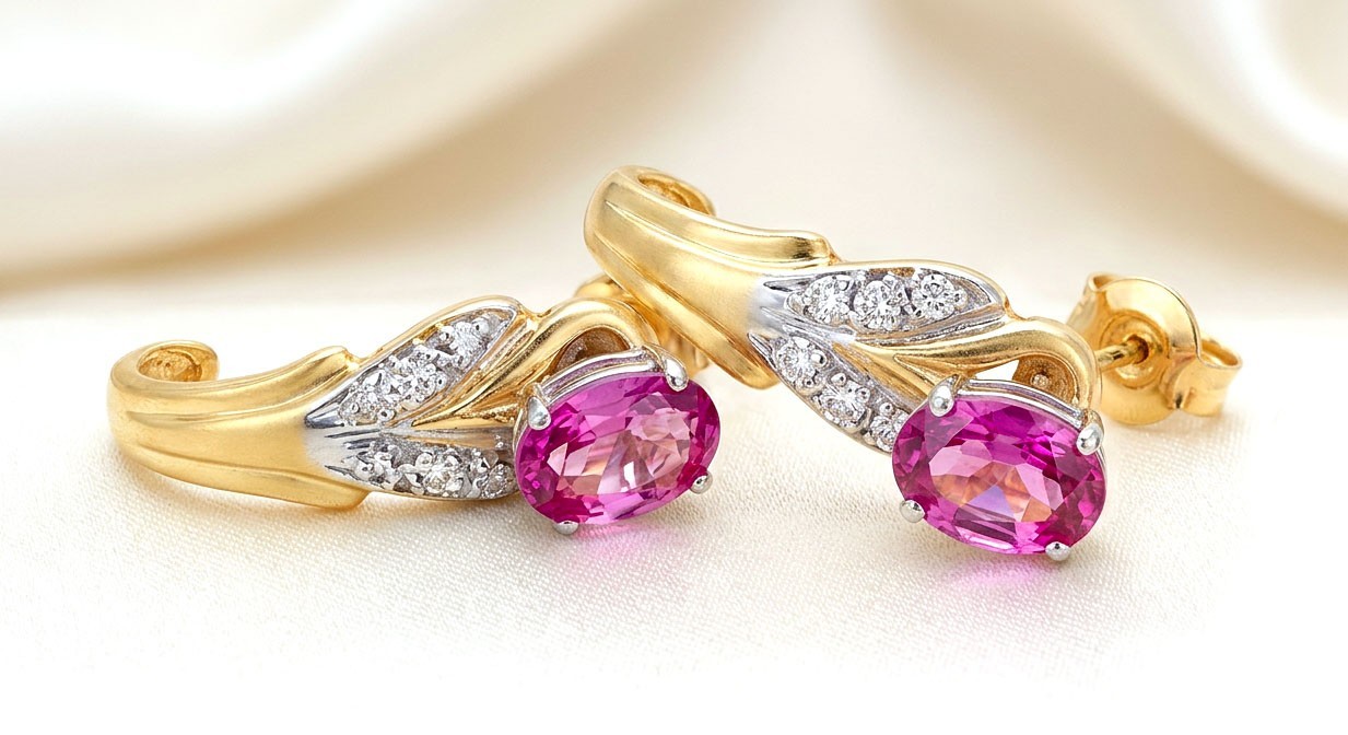 GENUINE 2.64 Cts PINK SAPPHIRE & DIAMONDS STUD JACKET EARRINGS 14K GOLD -NWT