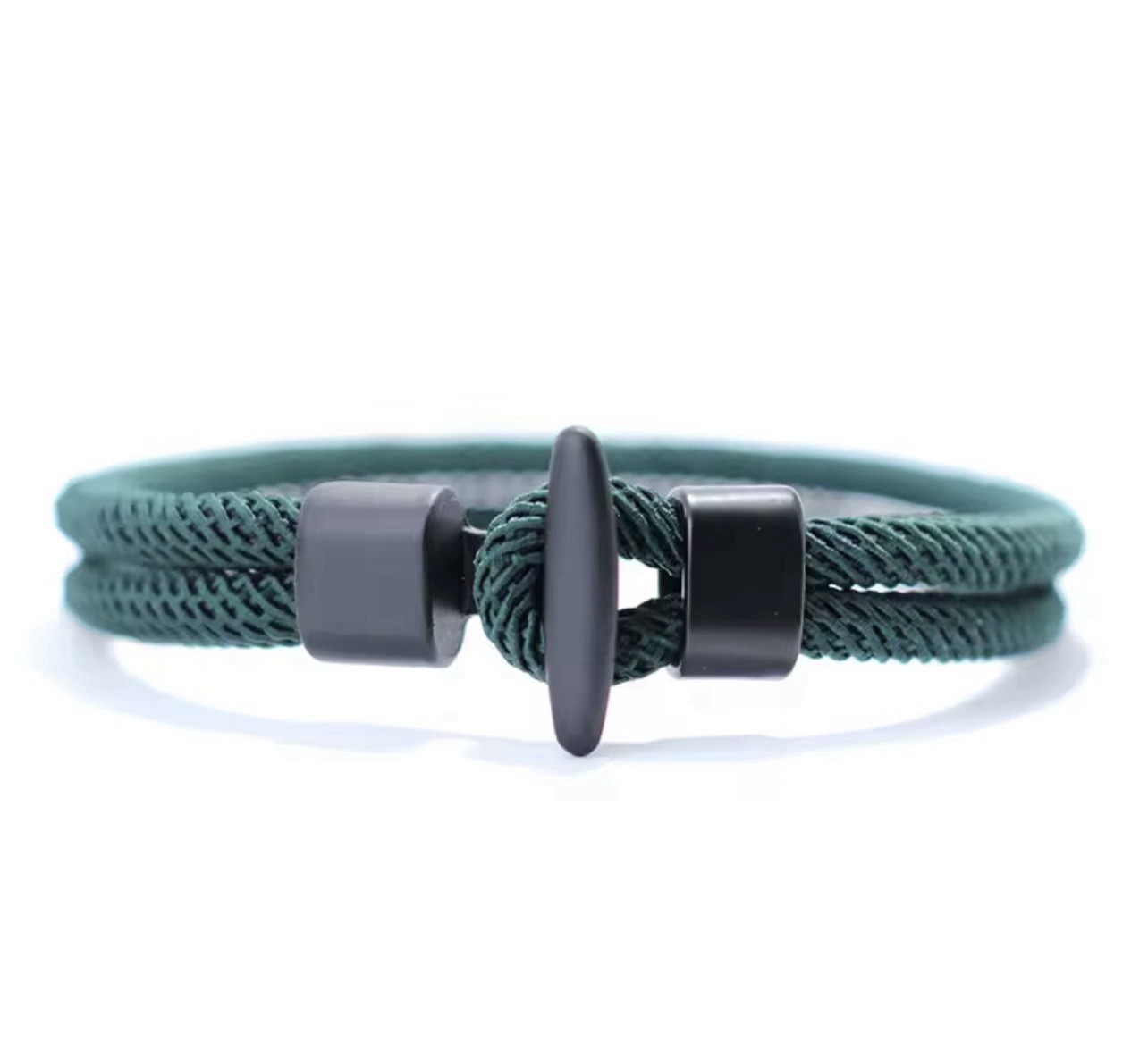 Men’s green and black braided nylon rope bracelet, adjustable, toggle clasp