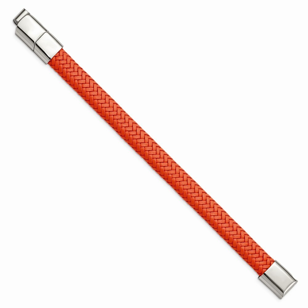 Stainless Steel Polished Orange Woven Leather w/.5in ext 8in Bracelet