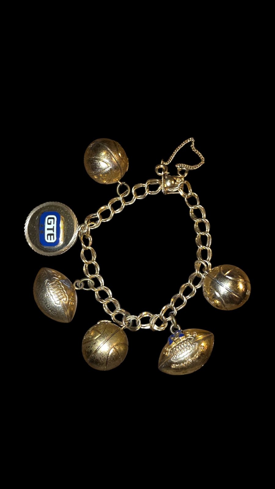 1940s & 1950s 12K GF Spartan Charm Bracelet Gold Football Basketball GTE Charm