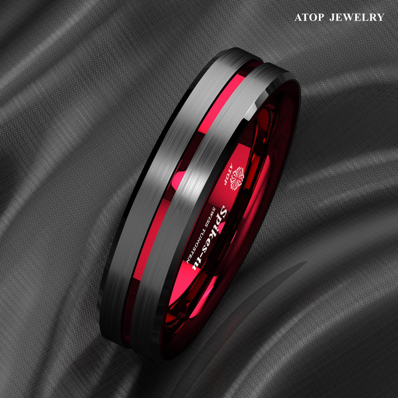 8/6mm Black Tungsten Carbide Thin Red Line Wedding Band Ring ATOP Men’s Jewelry