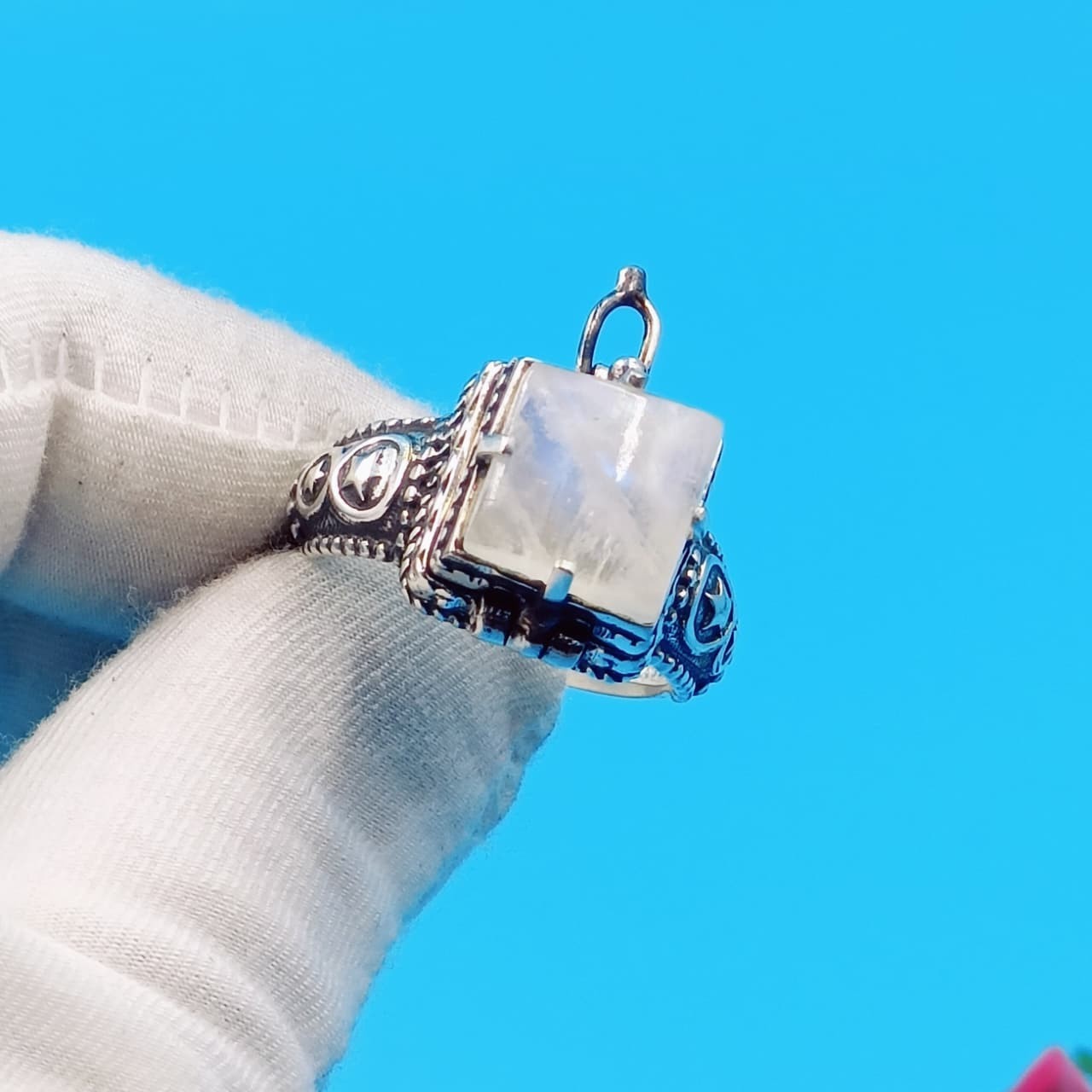 Natural Moonstone Poison Ring | Handmade 925 Sterling Silver Box Ring