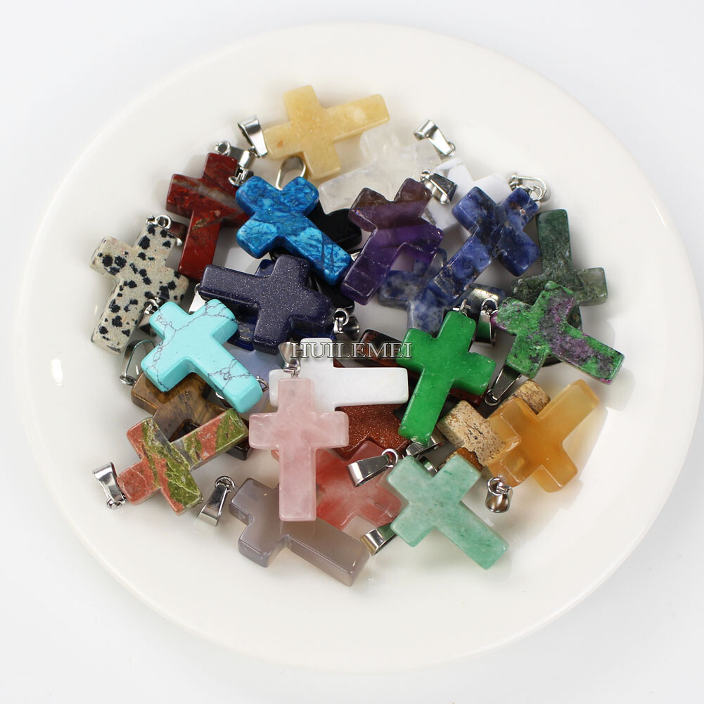 20pcs/lot Mixed Natural Gemstone Cross Pendant Beads Reiki Chakra Healing Stone