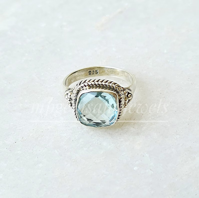 Natural Aquamarine 925 Sterling Silver Band& Statement Ring Handmade All Size