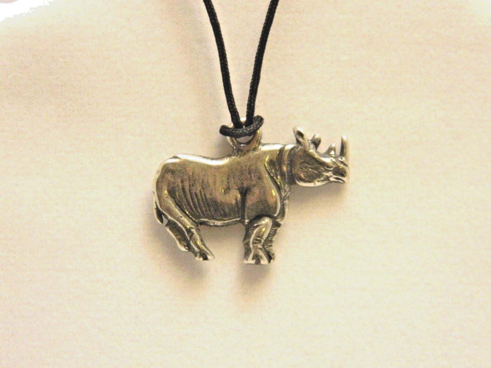 Rhinoceros Rhino Pendant Lead free Safe Pewter 1″ x 1-1/2″ Corded Made in USA