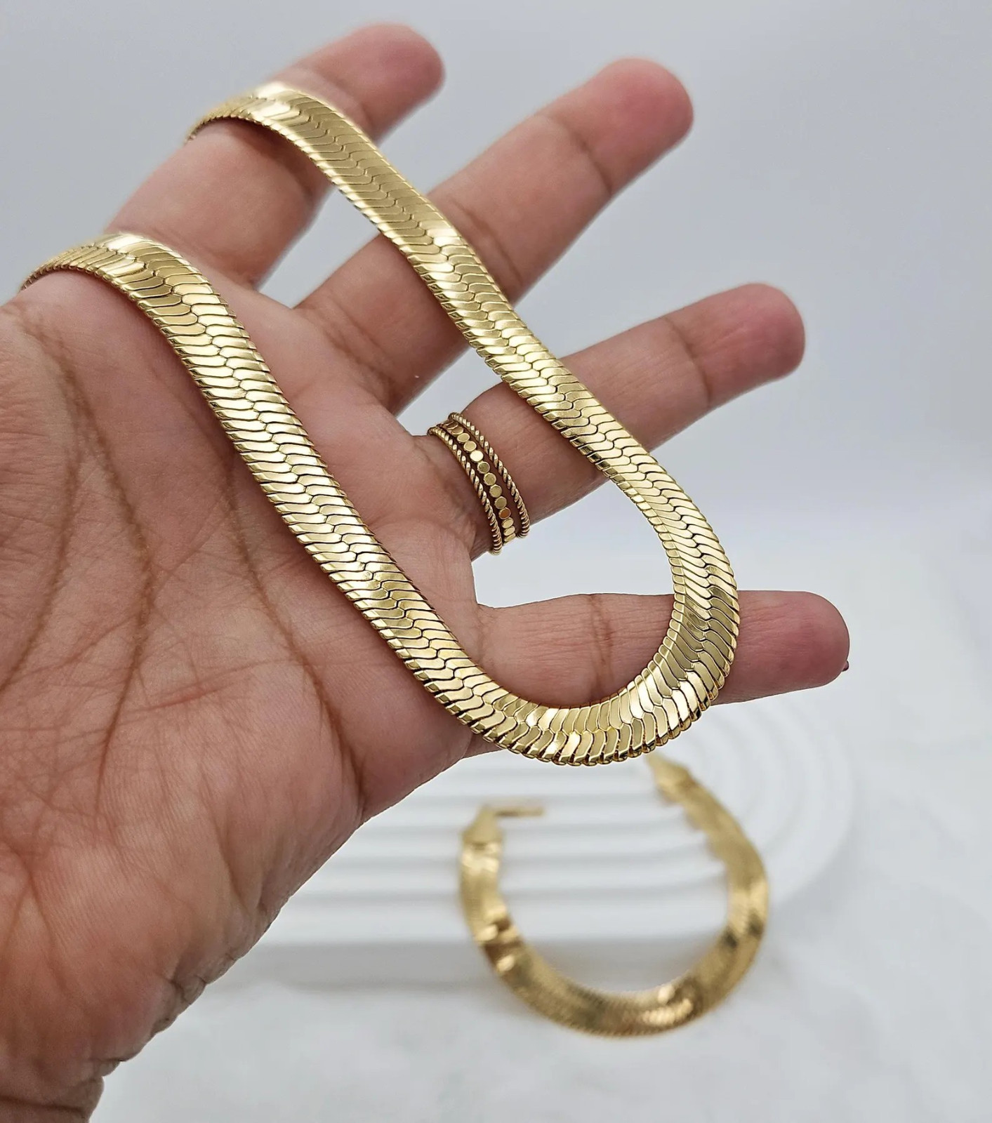 Gold 9mm Herringbone Necklace & Bracelet Set, 14k Heavy Plated