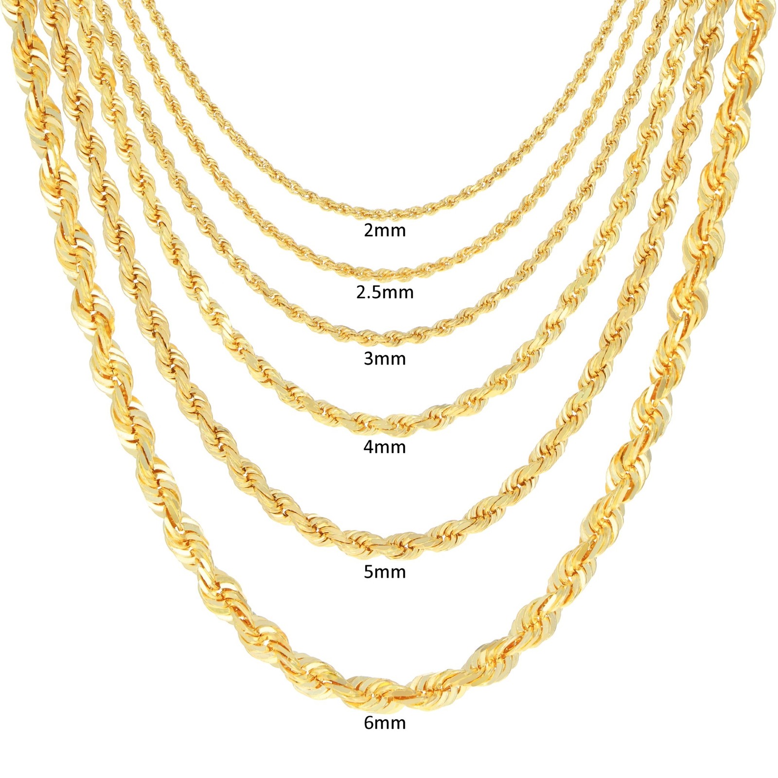 18K Yellow Gold Solid 2mm-7mm Rope Diamond Cut Chain Pendant Necklace 16″- 30″