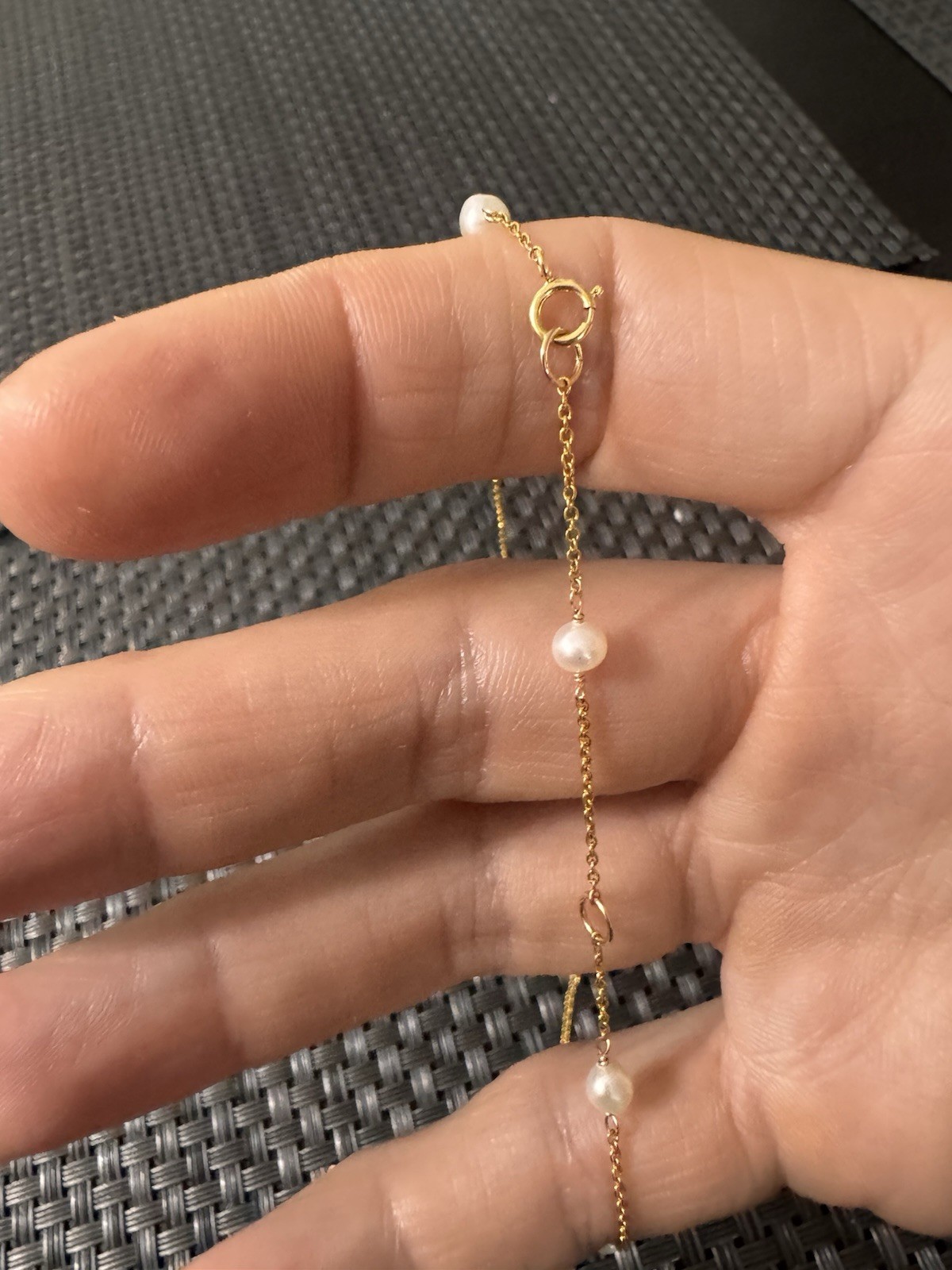 14K Yellow Gold Filled Cable Chain Bracelet w/ 5 Round White Pearls Spring Ring