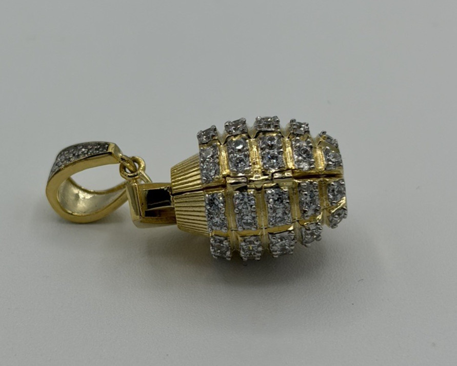 925 Sterling Silver Yellow Gold Tone CZ Hand Grenade Pendant Charm 1.5″ 11.44g