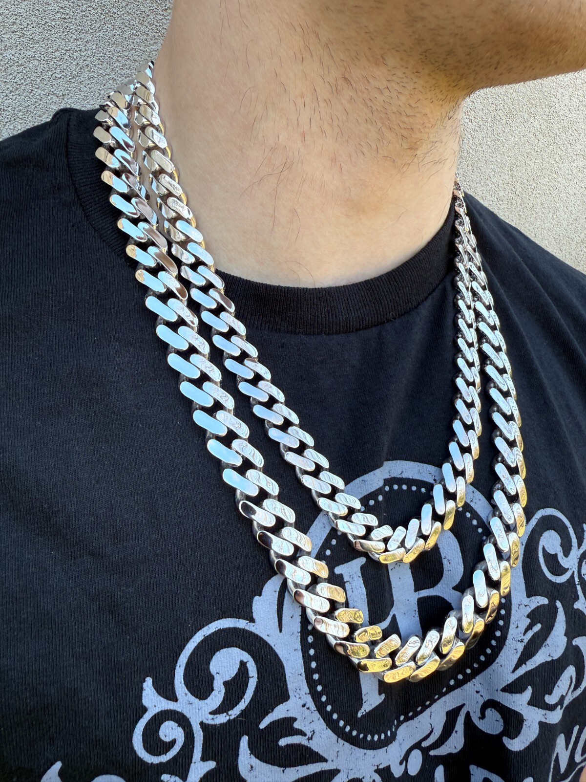 Monaco Cuban Link Chain Necklace Hollow Real 925 Sterling Silver 9-15mm Rhodium