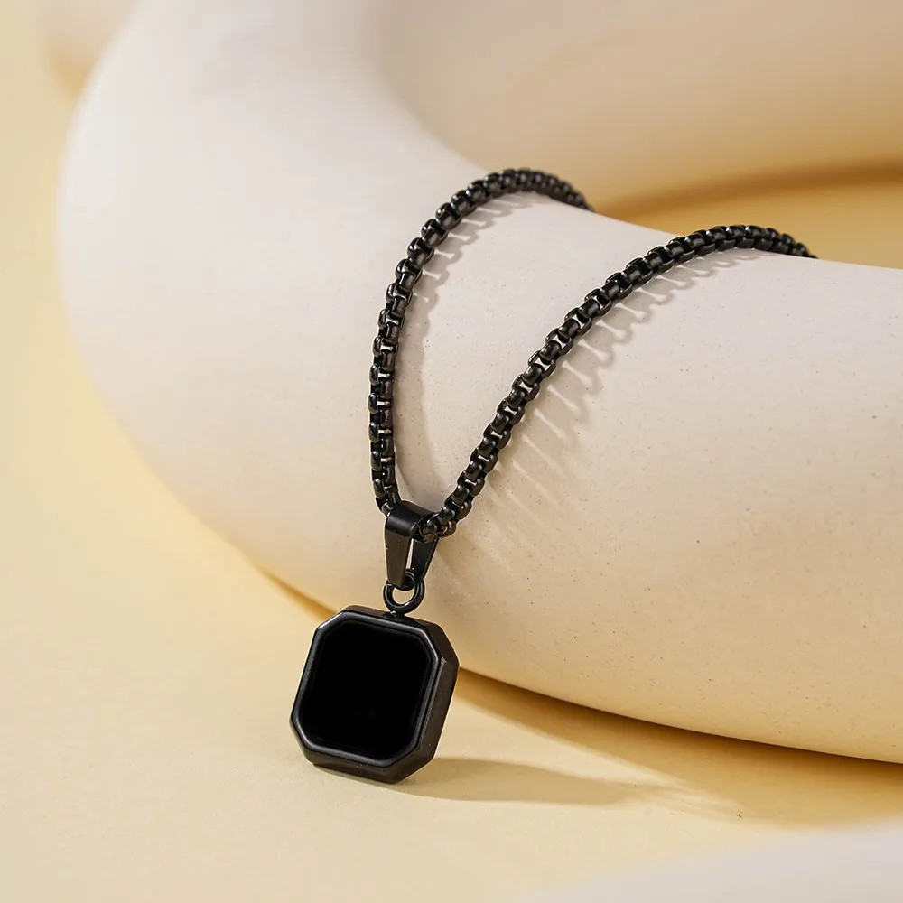 Square Pendant Necklace Stylish Black Geometric Pendant Stainless Steel Necklace