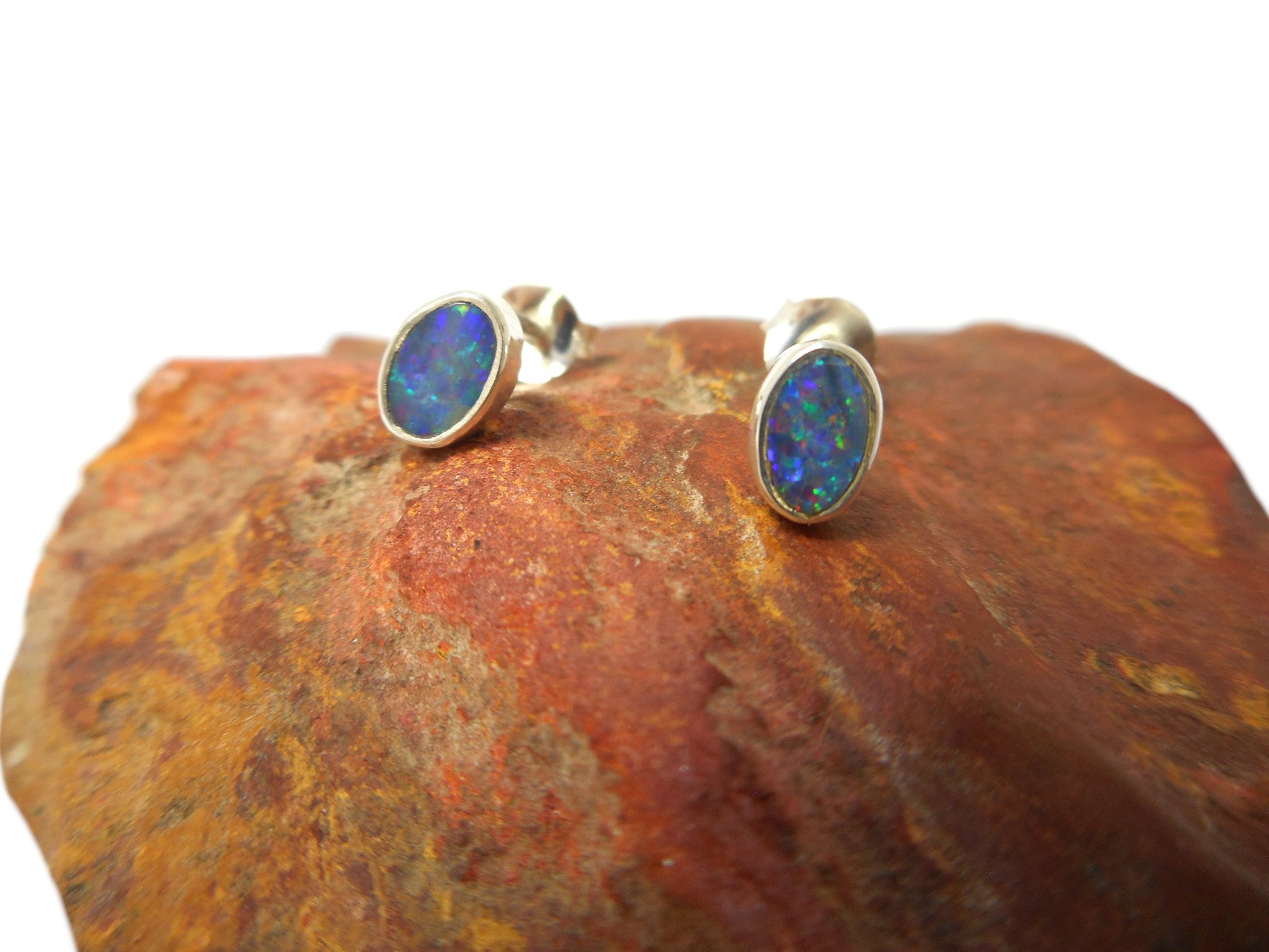 Natural Small Australian Opal Stud Earrings – Sterling Silver Gemstone