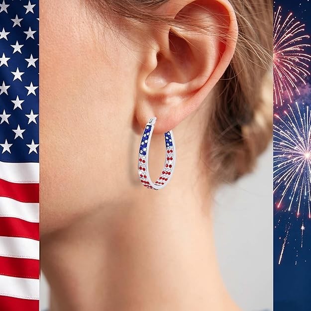 American Flag Red White Blue Crystal Hoop Earrings for Womens