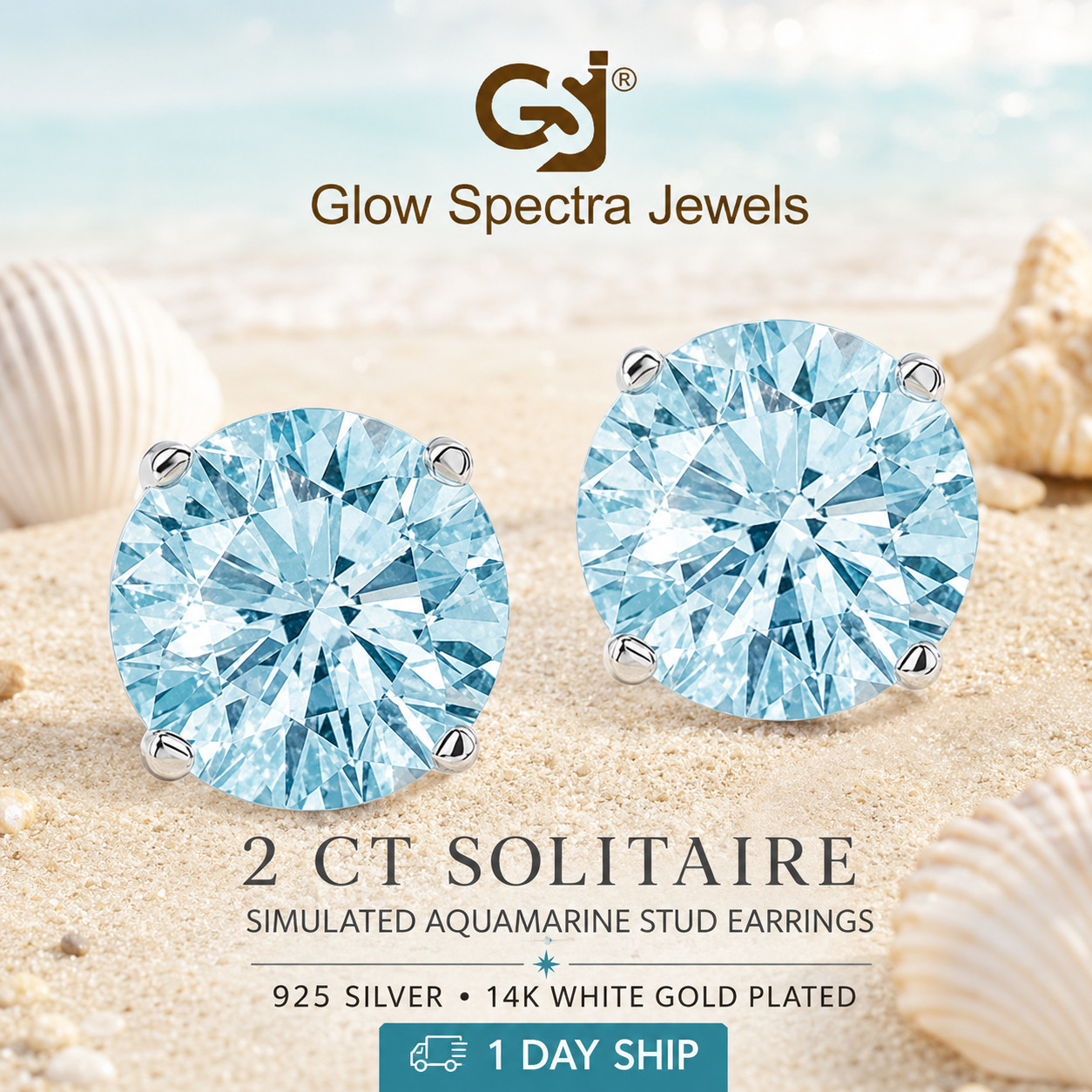 2.00CT Solitaire Aquamarine Stud Erring 925 Silver 14k White Gold Plated
