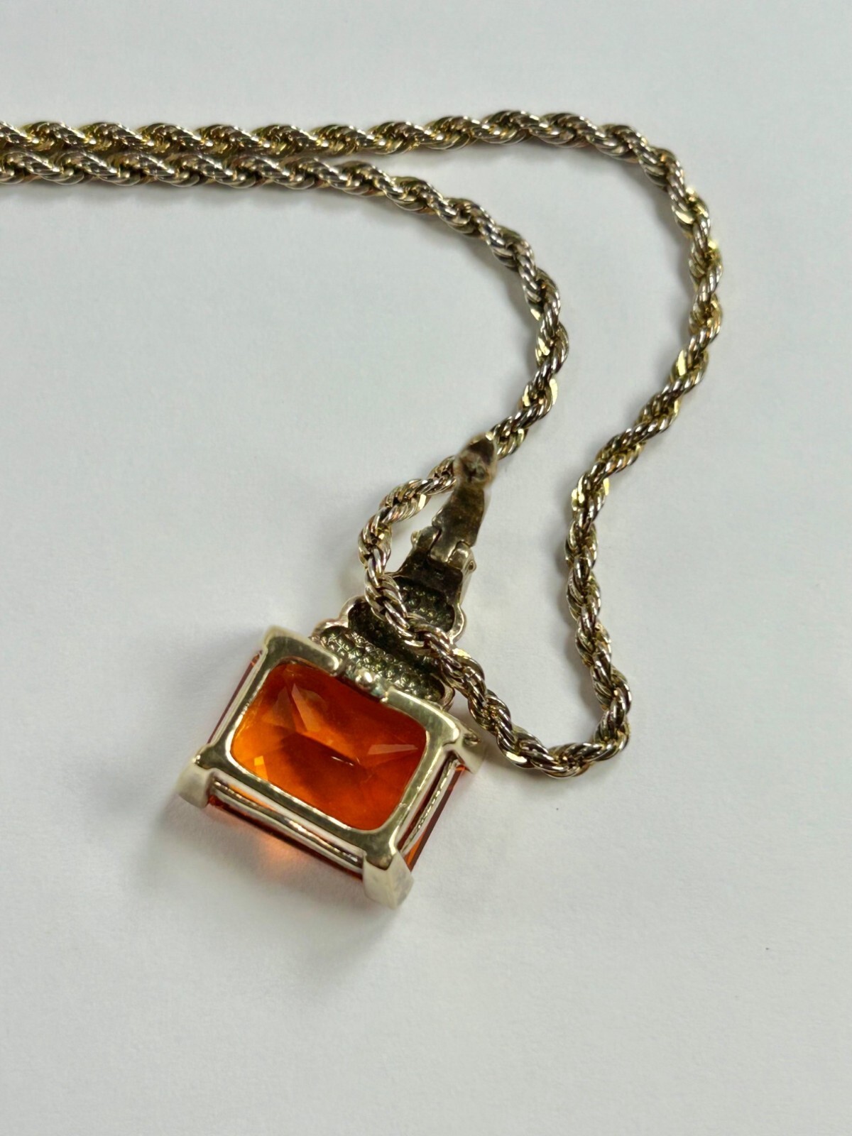 925 Sterling Silver Gold Vermeil Chain Necklace Orange Glass Pendant Statement
