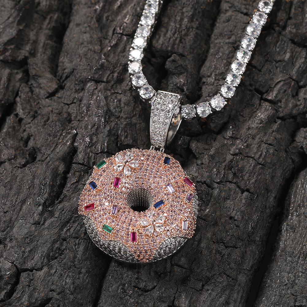 Hip Hop Colorful Donut Pendant Necklace 18k Real Gold Plated Full Zircon Jewelry