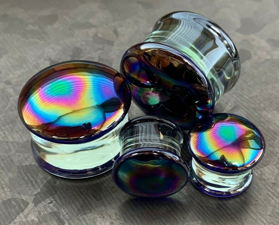 PAIR Oil Slick Design Pyrex Glass Double Flare Plugs Gauges Body Jewelry