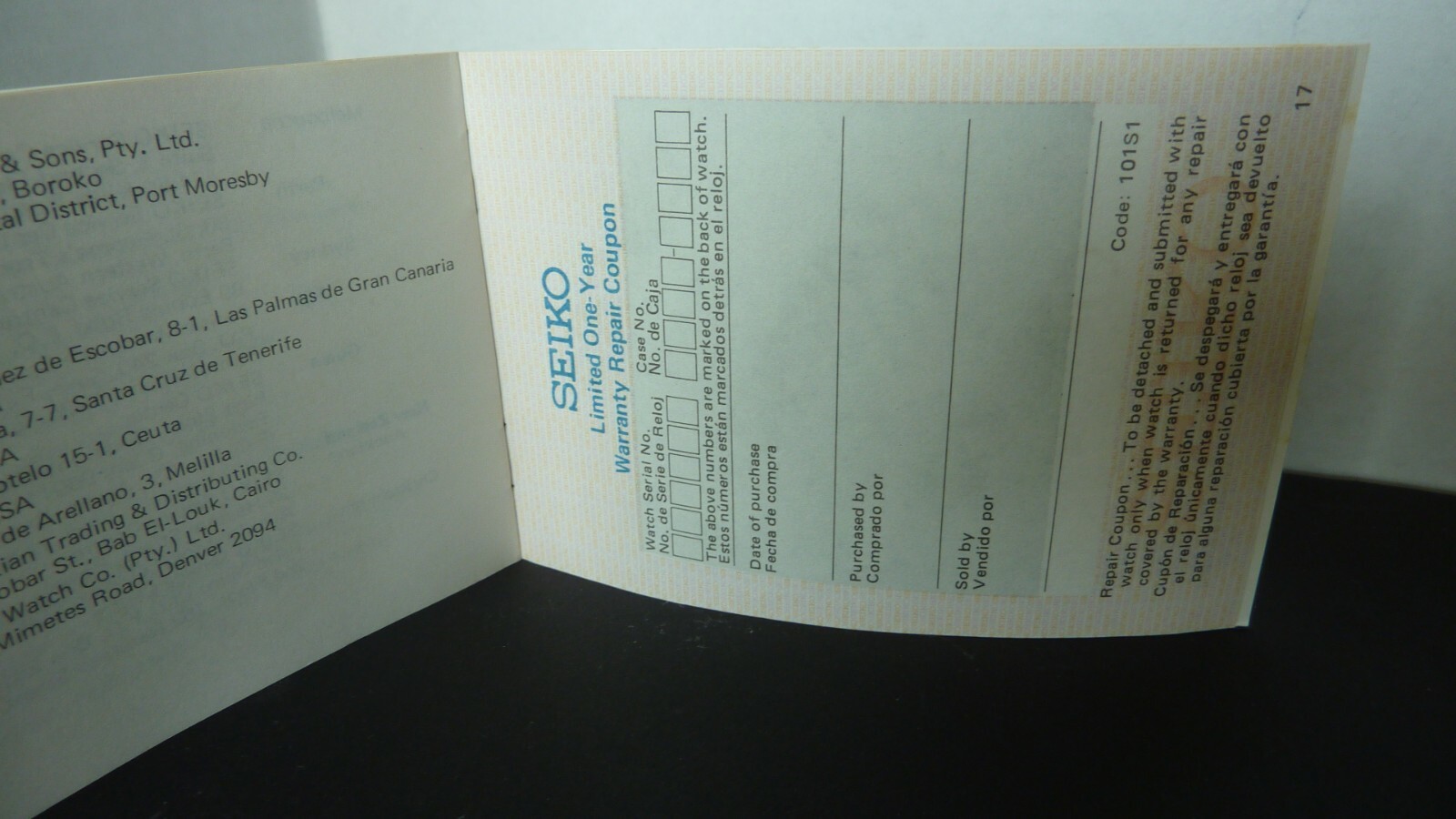 Seiko Limited One-Year Warranty Card Unused Worldwide Service.