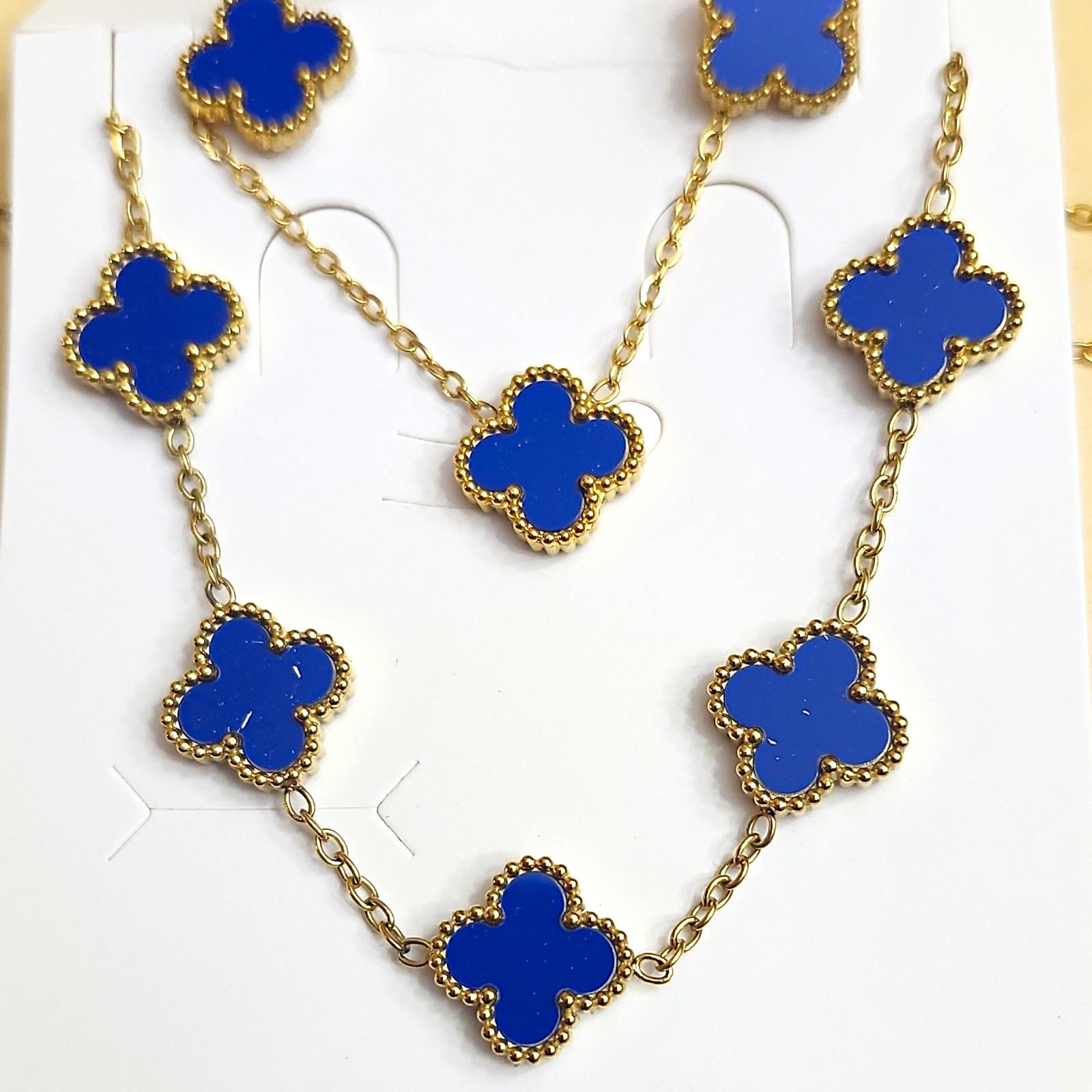 Set Of 3 Pieece 18 K Yellow Gold Plated Cable Chain Necklace Blue Clover