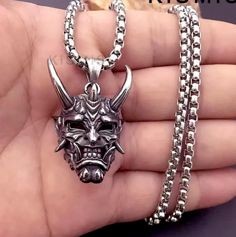 Men’s Stainless Steel Evil Demon Skull Pendant Box Chain Punk Necklace 5-1