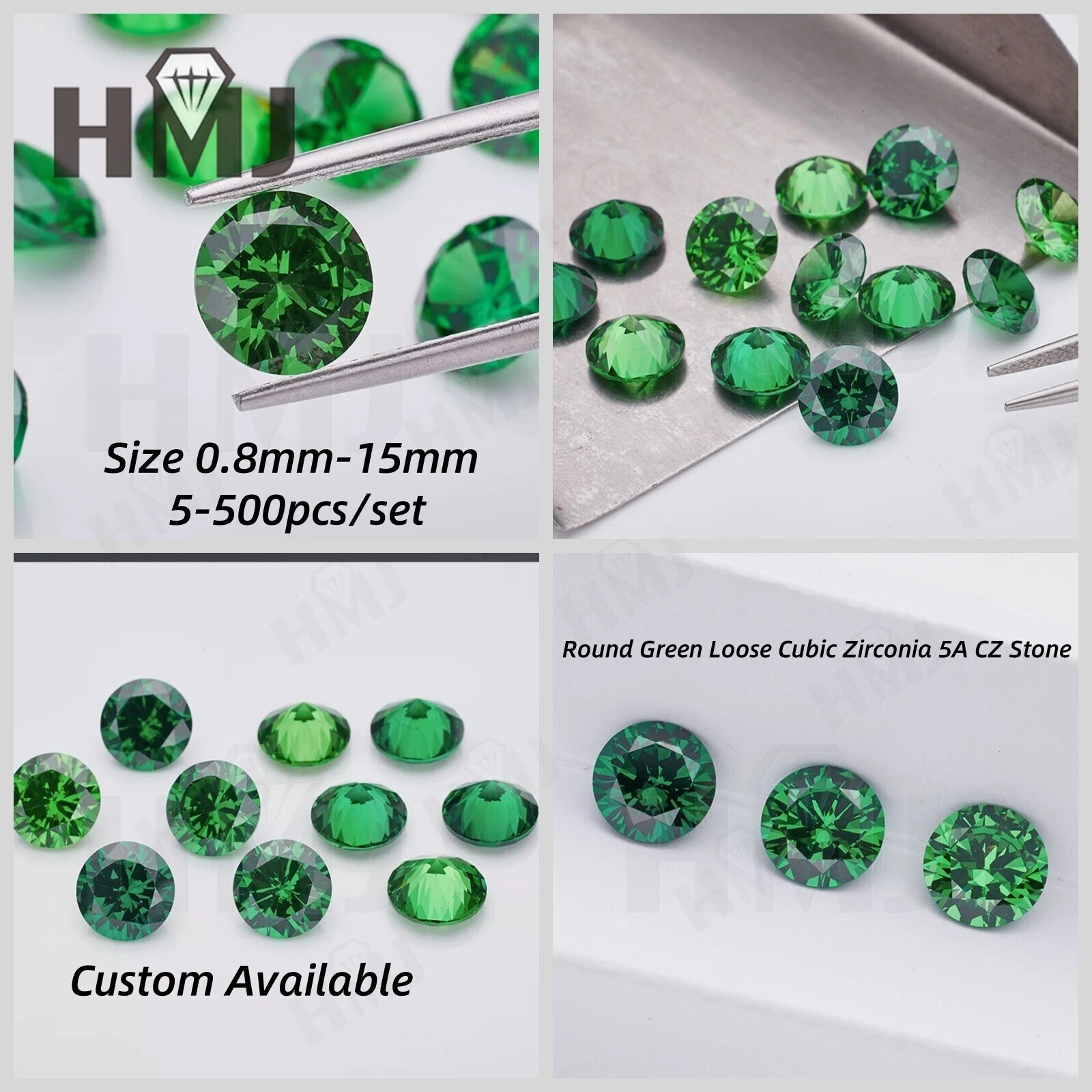 500pcs 0.8~15mm Round 3 Green Color Loose Cubic Zirconia 5A CZ Stone Jewelry DIY