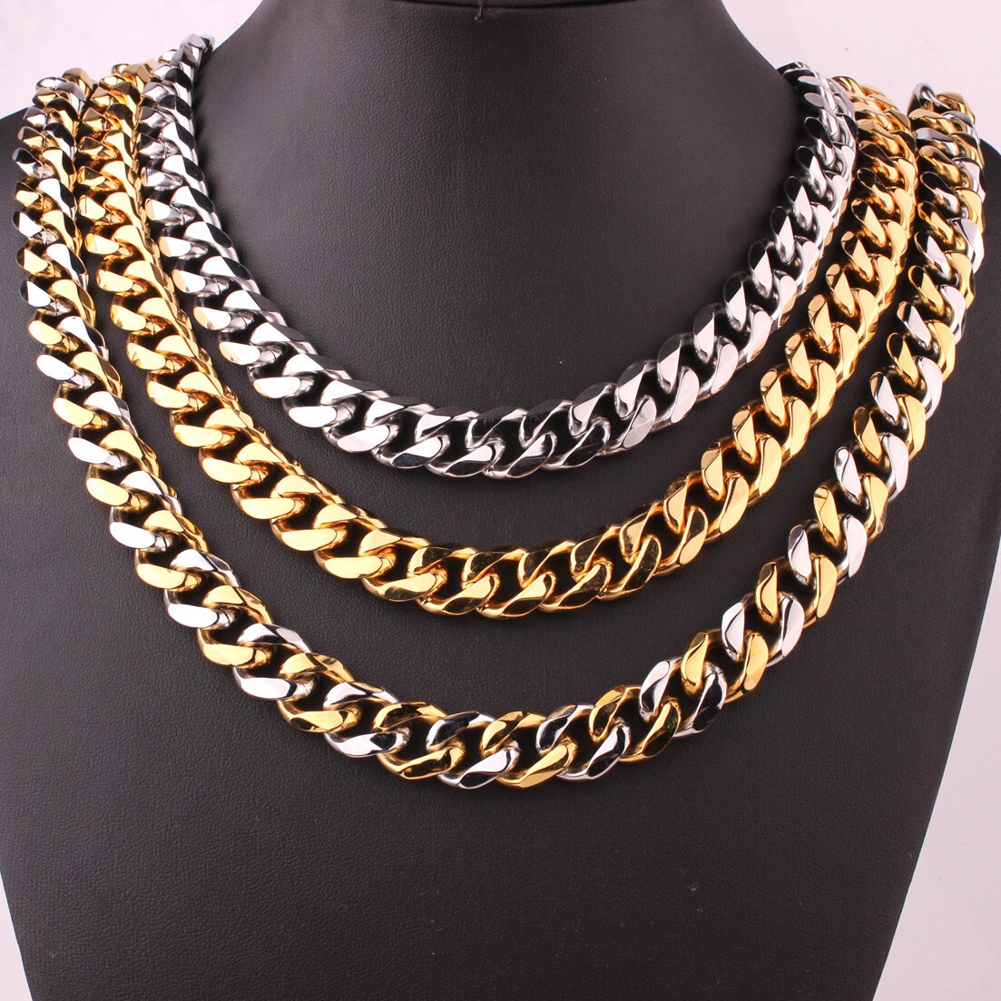 10/12/15/17mm MEN Chain Stainless Steel Link Cuban Curb Necklace Bracelet Jewelr