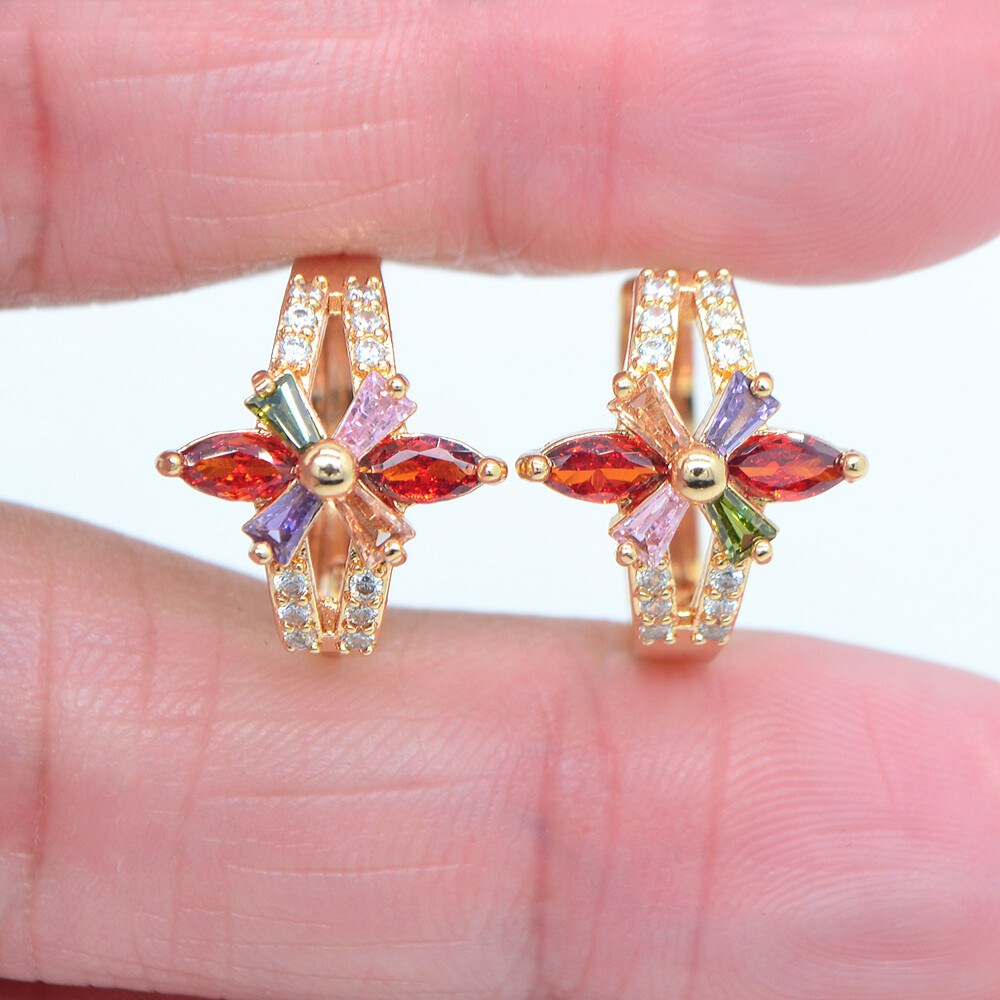 18K Yellow Gold Filled Women Rainbow Topaz Bowknot Flower Huggie Earrings