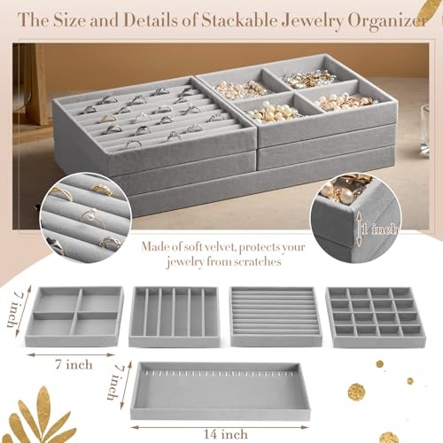 Cinnvoice Set of Stackable Jewelry Organizer Trays for Drawer 14 Inch 10 Gray