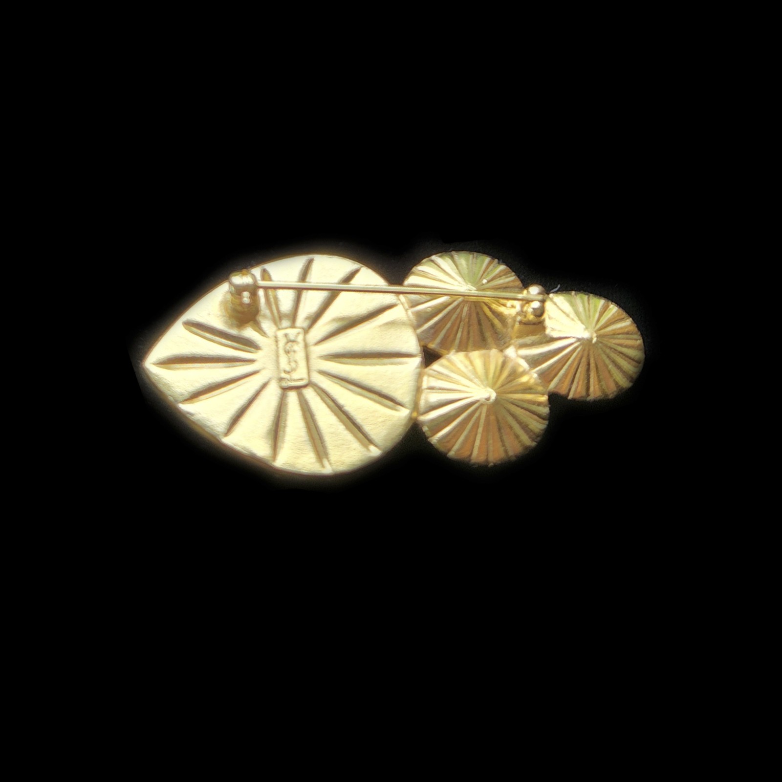 YSL Gold-tone Brooch with Pink/Tan Grooved Teardrop and Three Clear Crystals