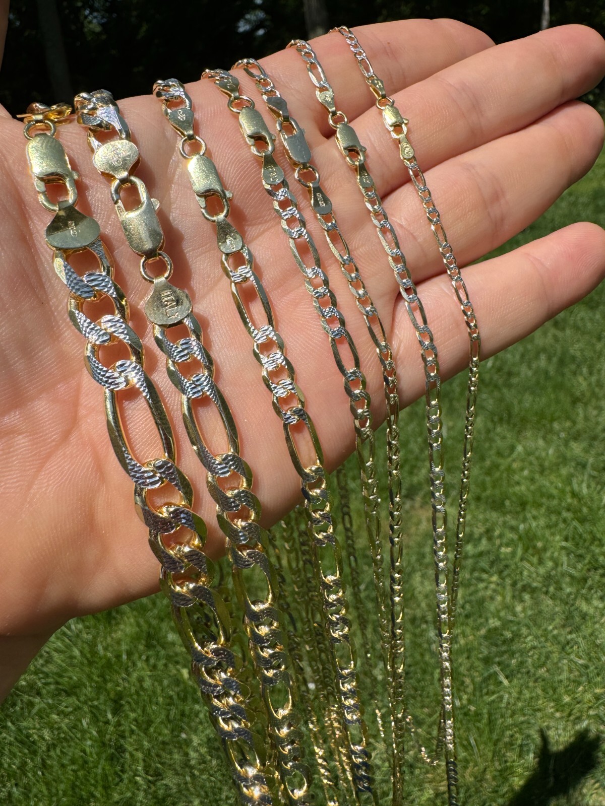 14k Gold Plated Solid 925 Sterling Silver Figaro Link Chain Two Tone Diamond Cut