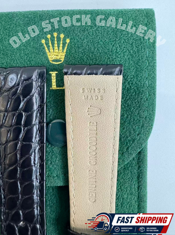 ROLEX Black Leather Crocodile Band 19mm With Rolex Buckle Gold Plated NOS FastSh