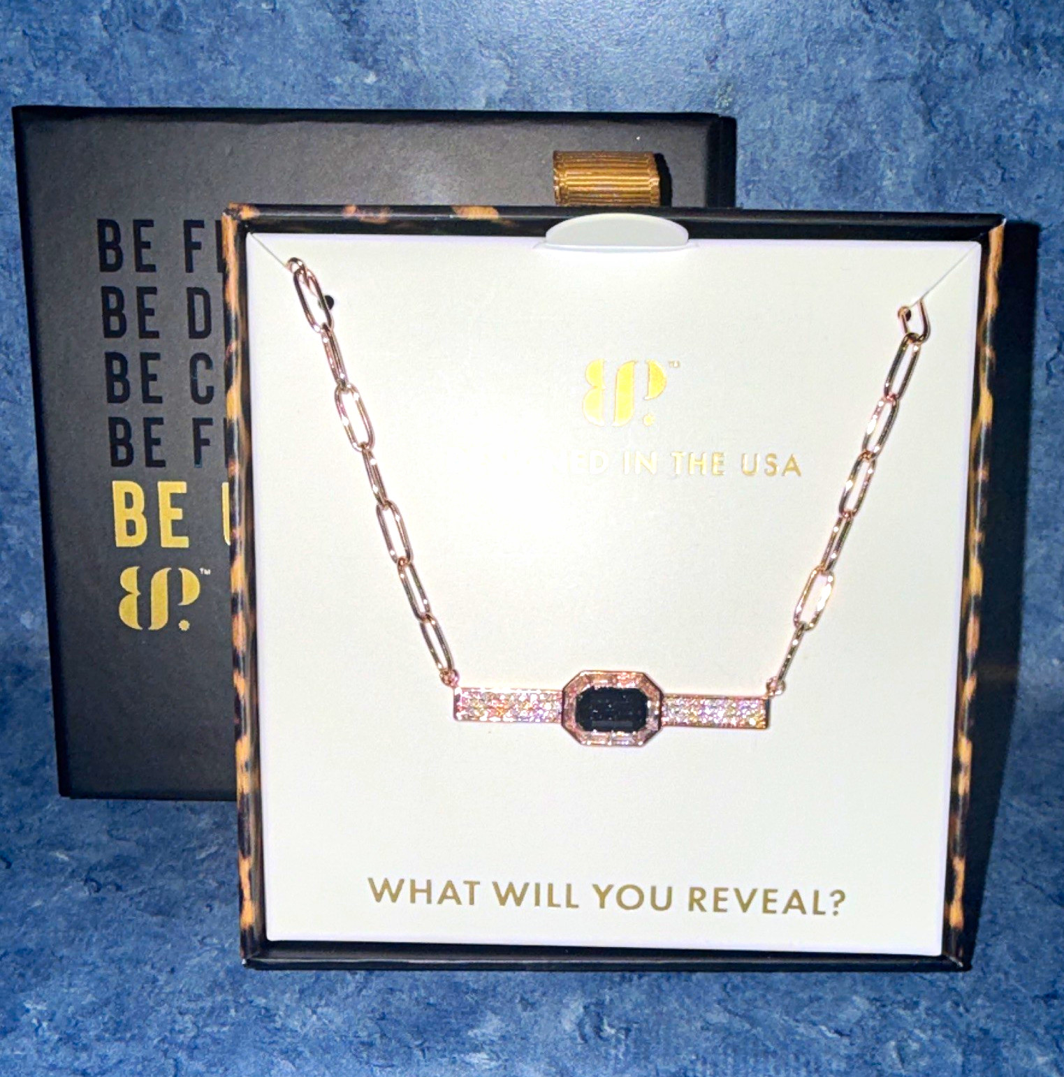 BP untamed Edge Aligned Rose Gold Plated Onyx & Sandstone Necklace 18″ + Ext