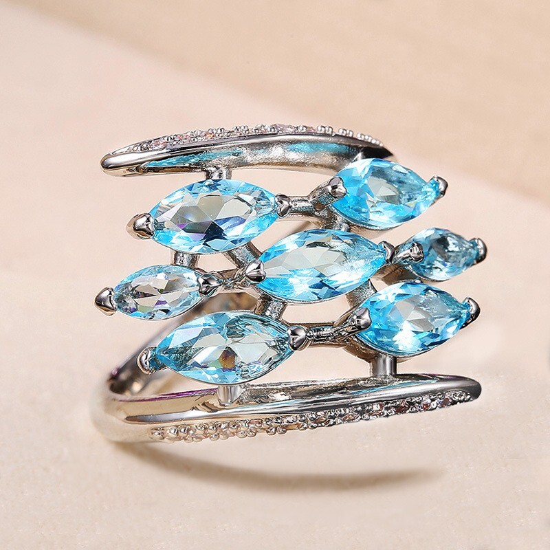 3.15 Ct Simulated Aquamarine Sweeping Ring For Christmas Gifts 925 Silver Plated