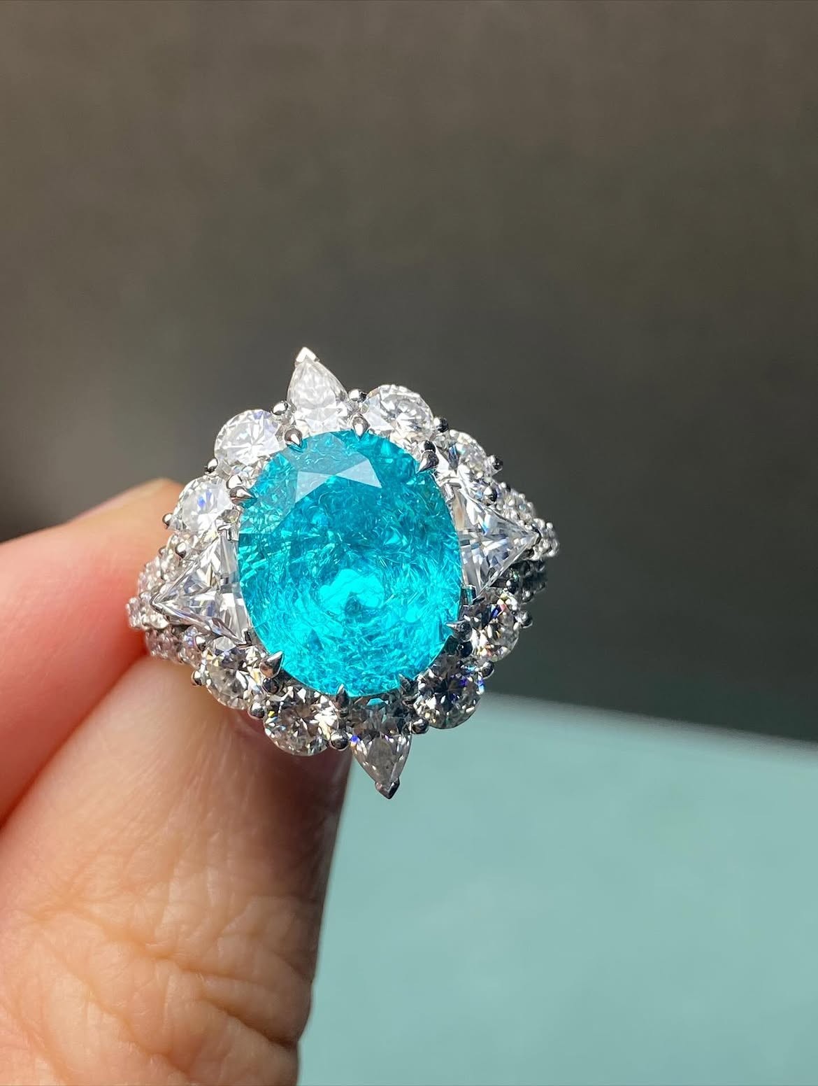 4.45 CT Oval Cut Paraiba Tourmaline & Diamond Engagement Ring 14K White Gold