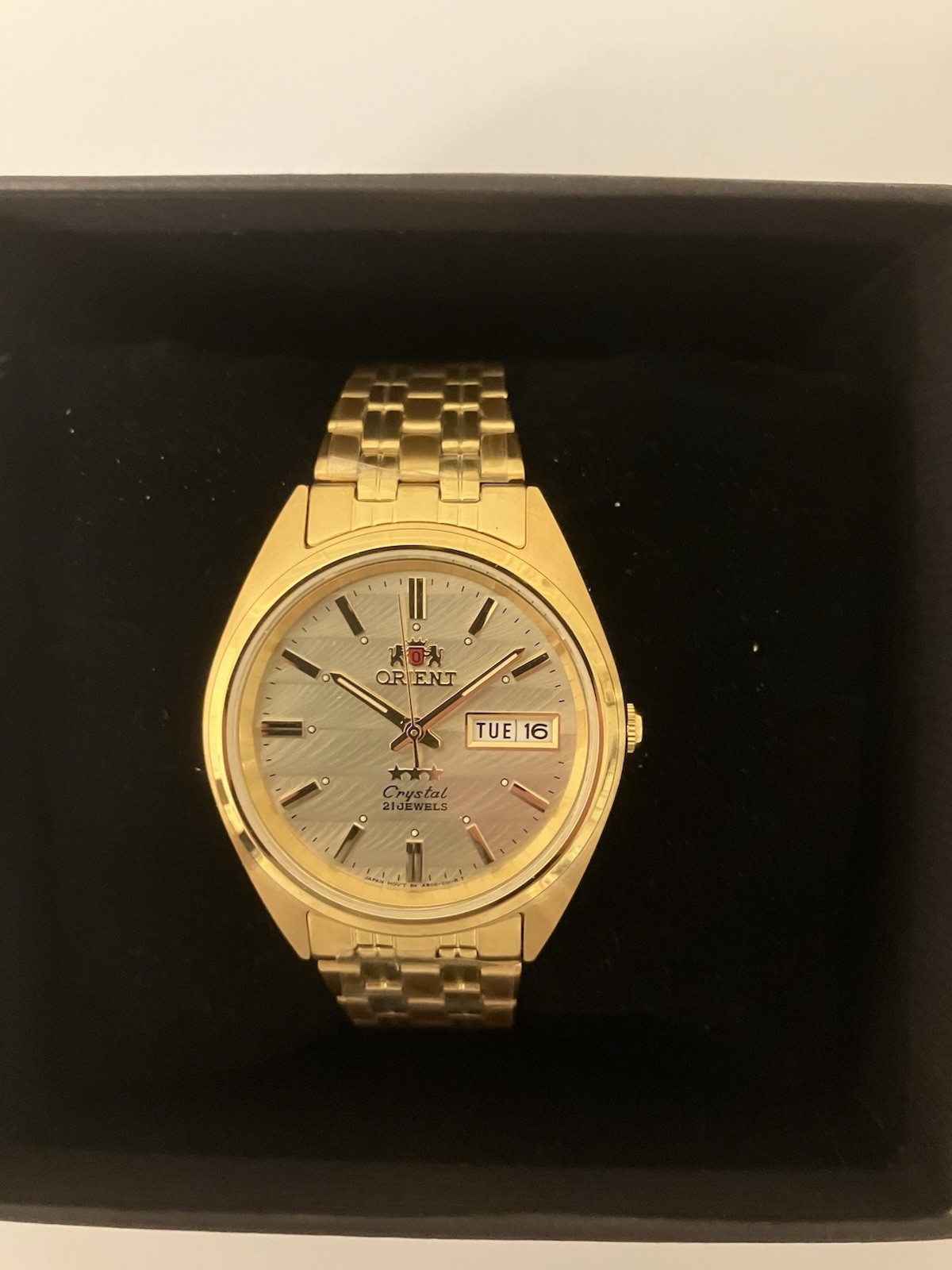 Orient Automatic TriStar Day-Date, New In Box, Champagne Gold Tone