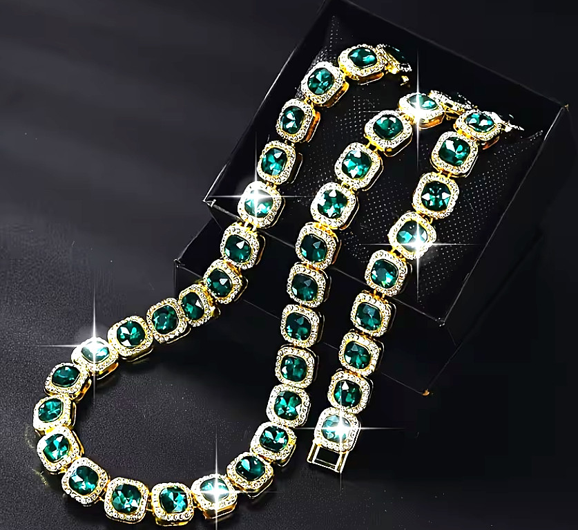 Stylish Cuban Chain Necklace And Bracelet Set with Sparkling Green Rhinestones