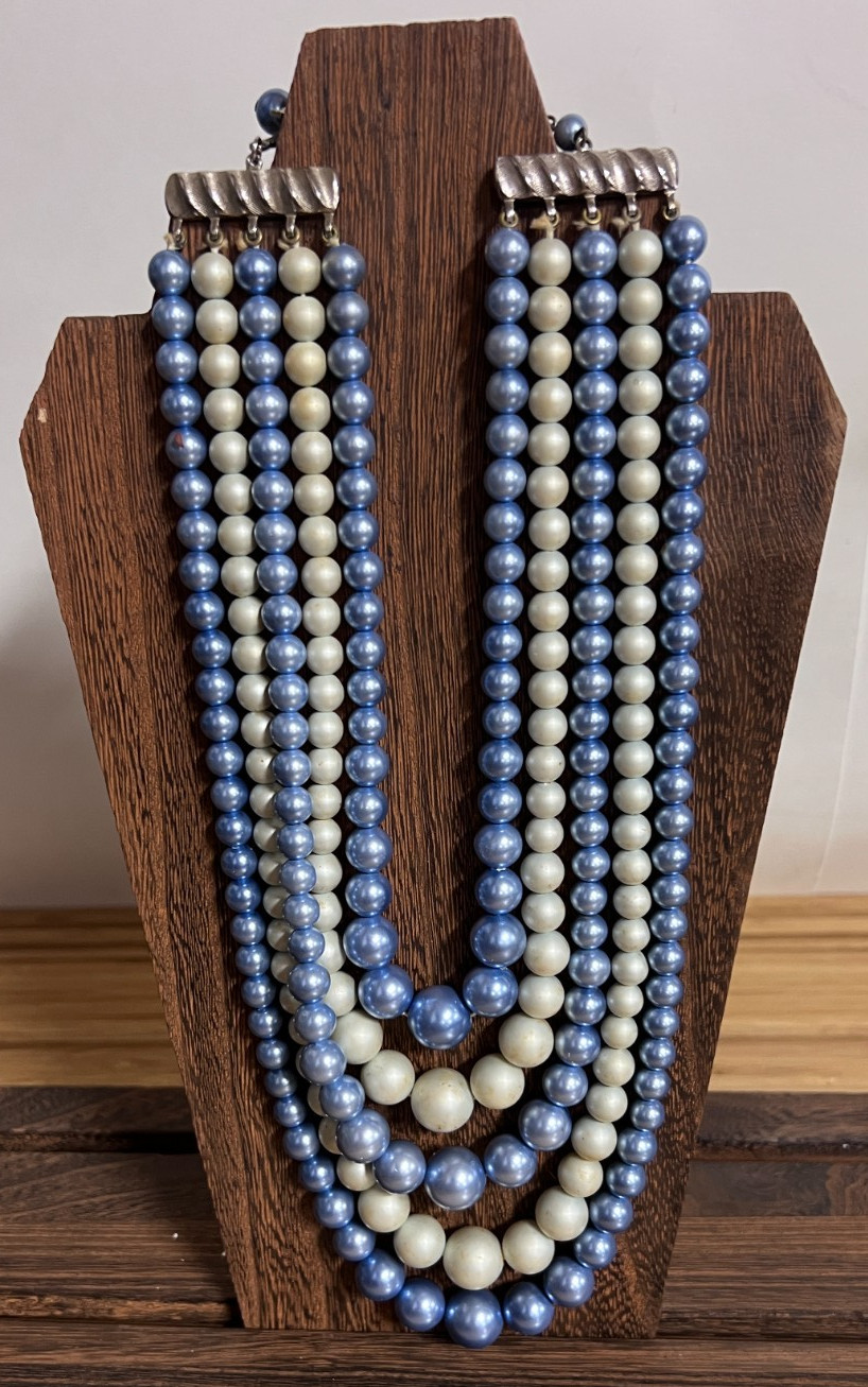 5 Strand Necklace with Blue Gray Beads – adjustable – max length 17 inches