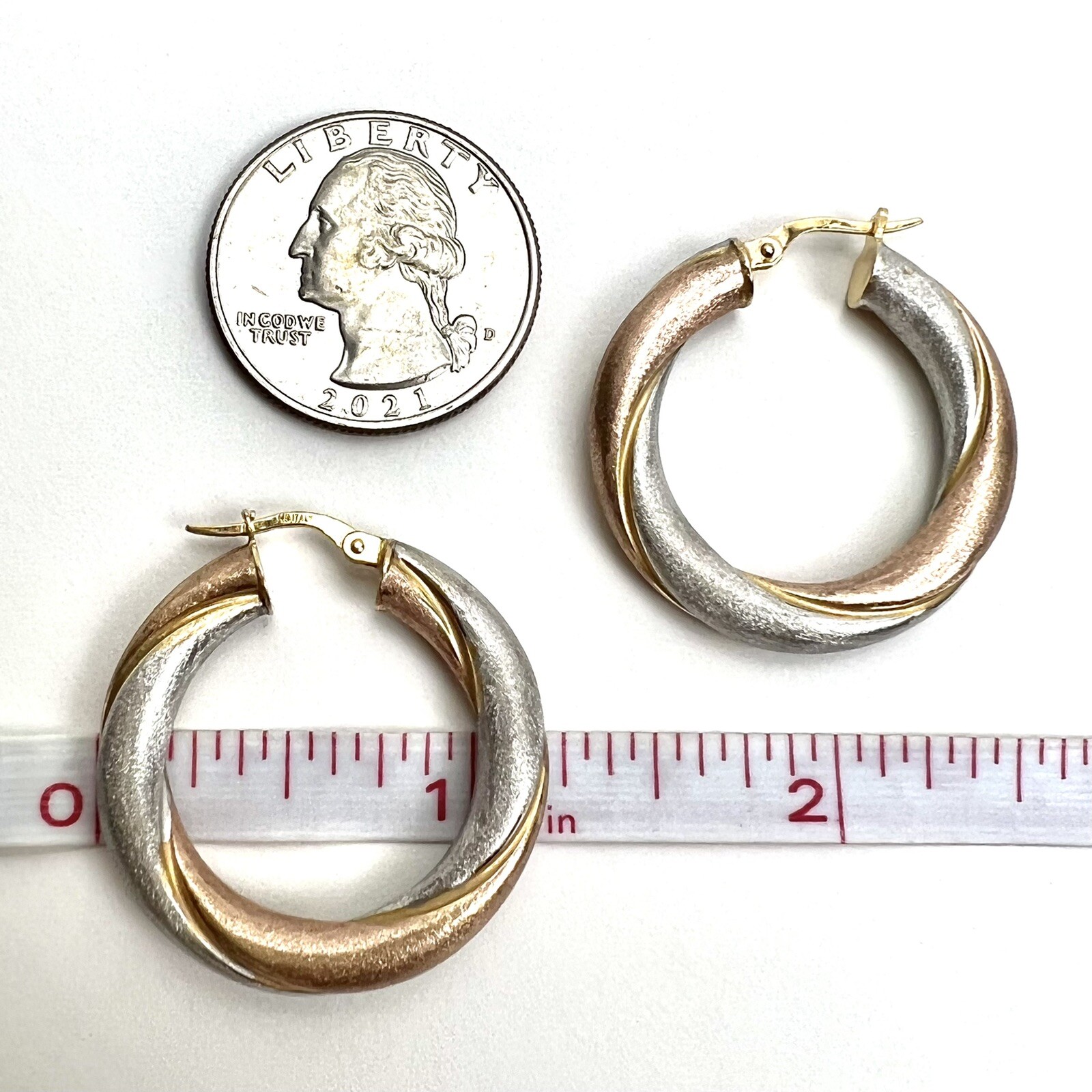 Satin Brushed Texture Hollow 14k Gold Italy Tri Color Hoop Earrings 4.82 Grams