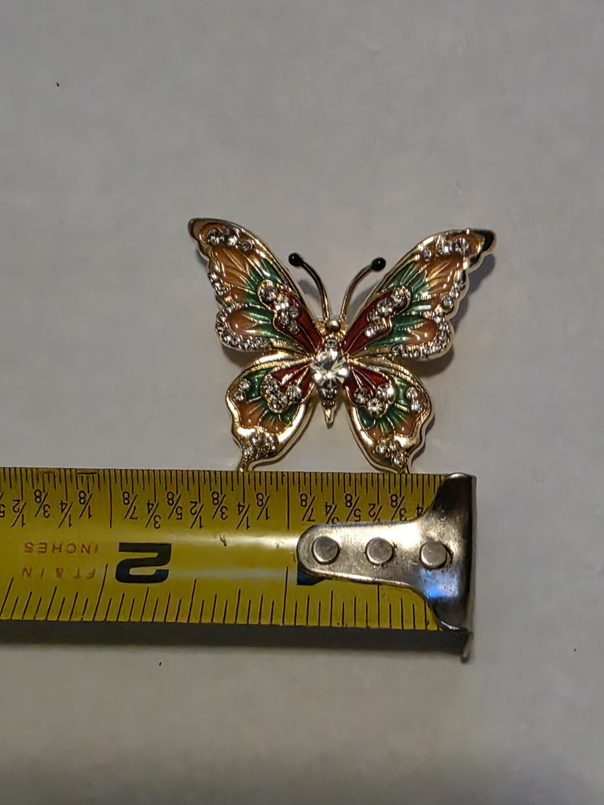 Gold Tone Butterfly Brooch Pin Green & Orange Enamel w/ Clear Rhinestones 2 in