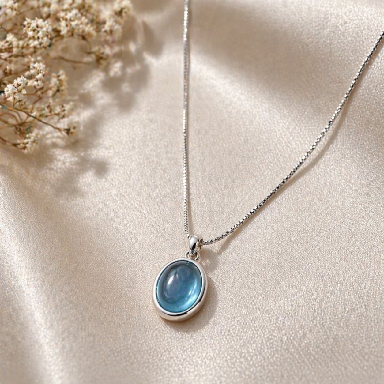 Women’s Blue Oval Stone Pendant Necklace Silver Tone Chain Minimalist Jewelry