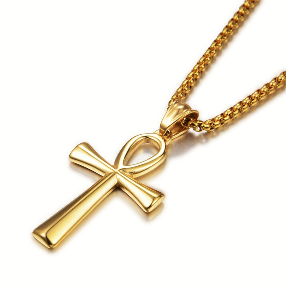 Men Women Cross Necklace Silver Stainless Steel Egyptian Ankh Pendant Chain Gift