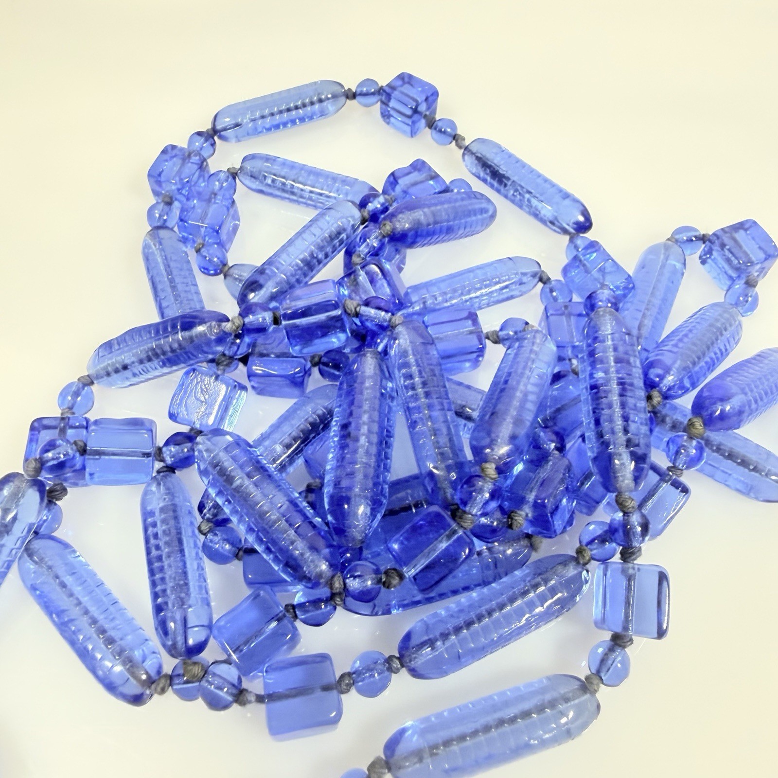 Antique Art Deco Necklace Cobal Blue Tubular Czech Glass Beaded 58″