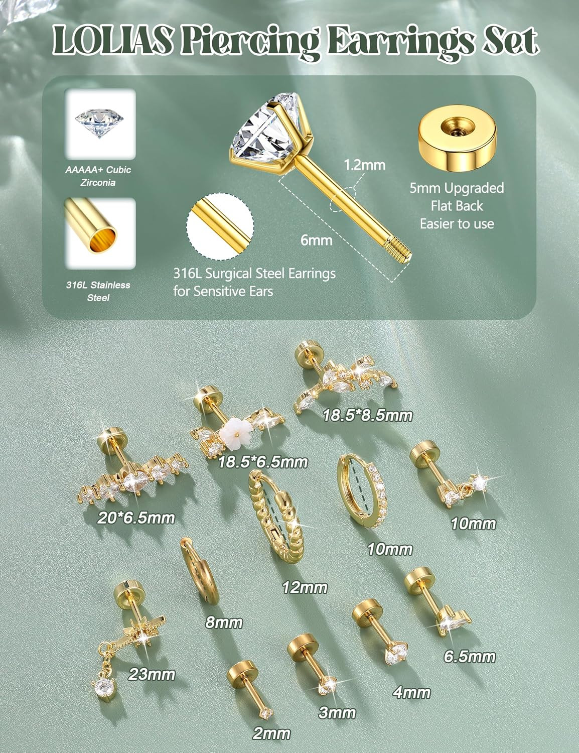 16 Gauge Cartilage Earrings for Women Flat Back-Hypoallergenic Surgical Stainles