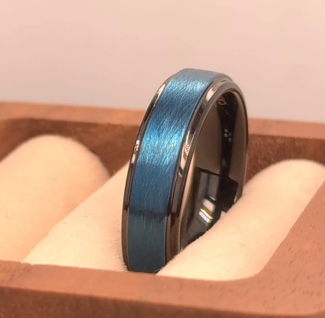 Wire Satin Brushed Finished Center Black Tungsten Wedding Rings Blue Ion-Plated