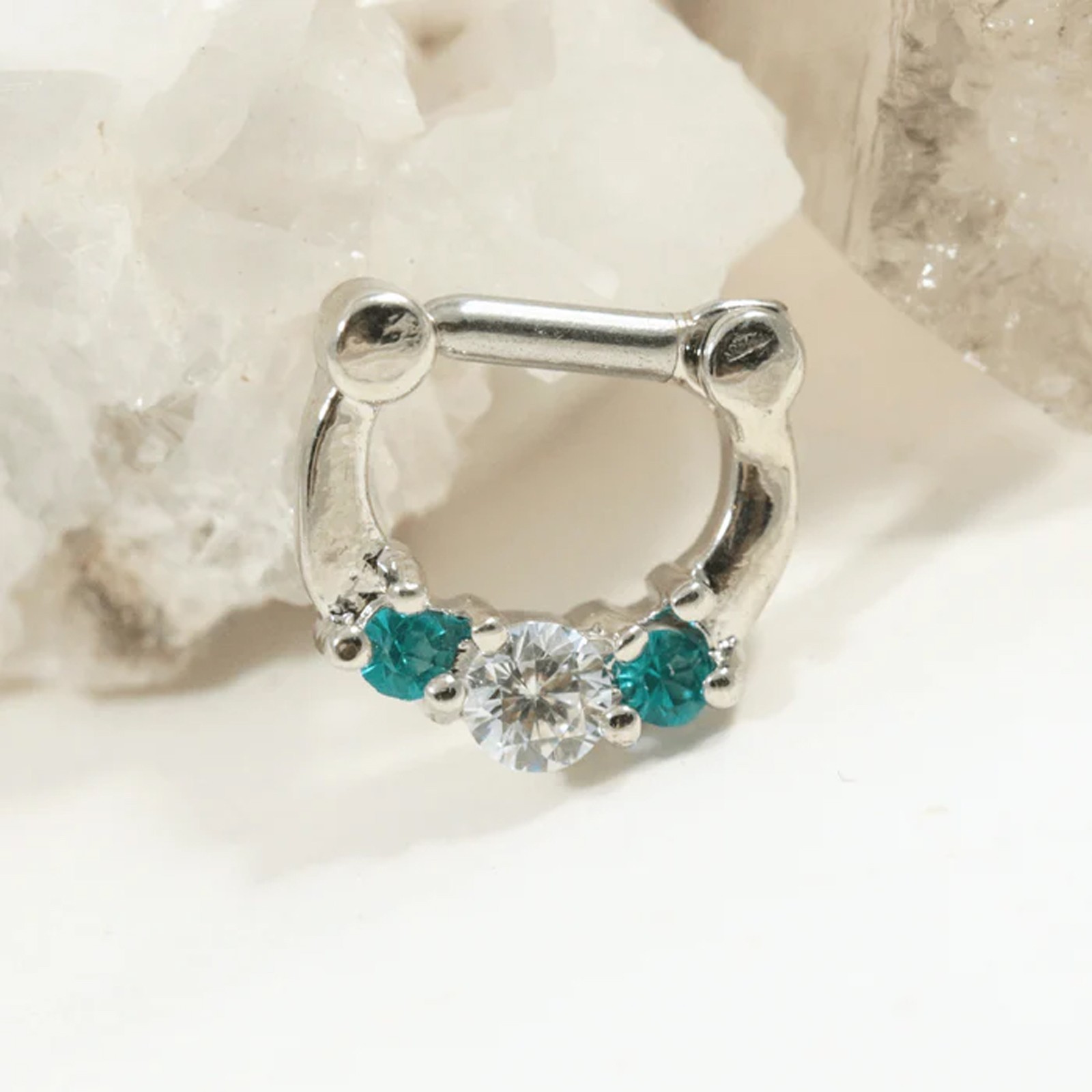 316L Surgical Steel Three Pronged White and Aqua Cubic Zirconia Clicker Ring