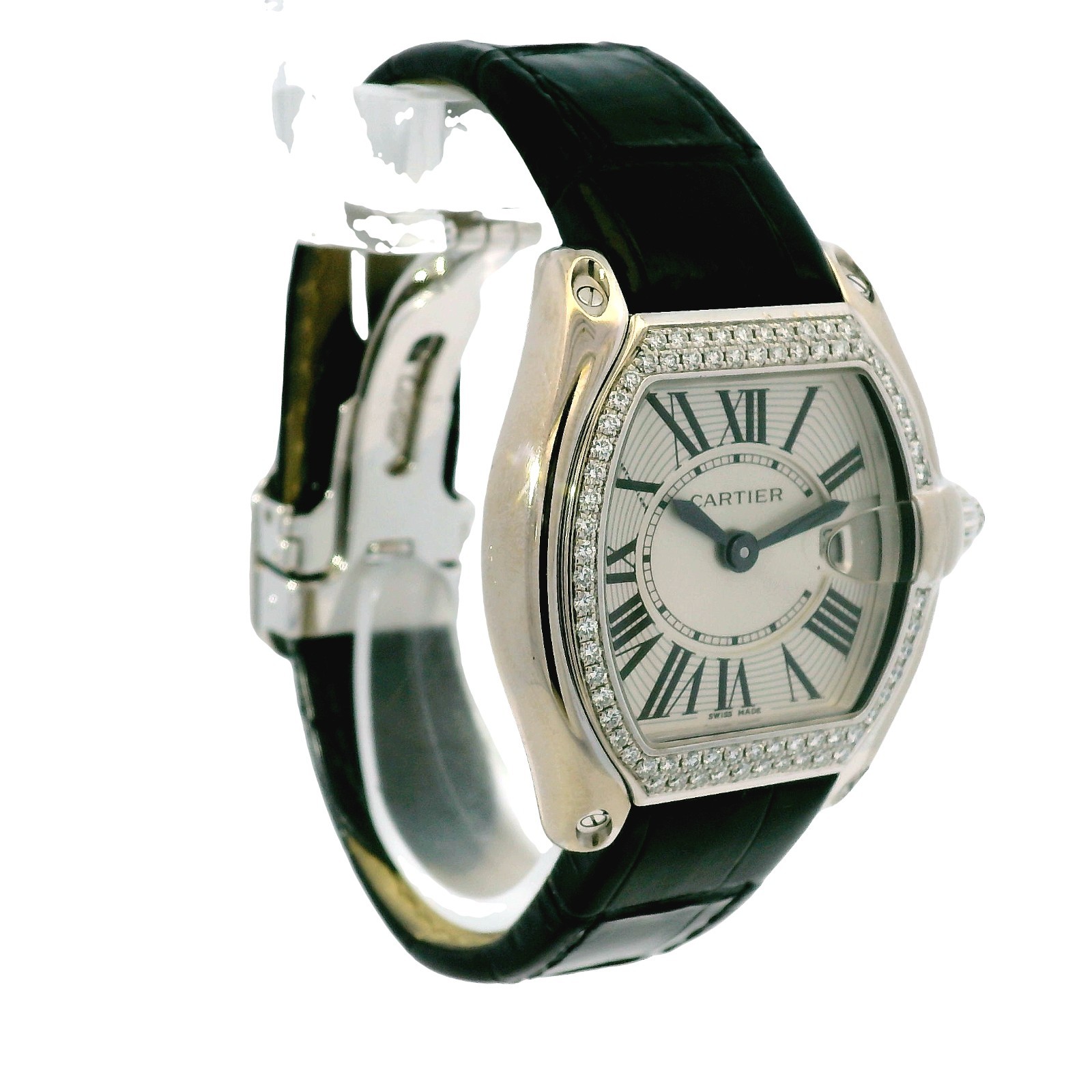 Cartier Roadster 18k White Gold Diamond Black Alligator Skin Watch