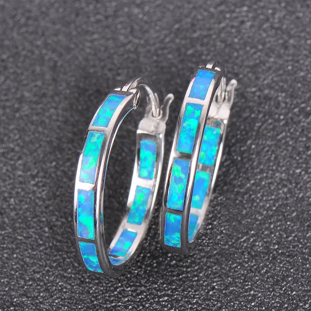 925 Sterling Silver Hoop Earring, Opal Small Small, Blue and Sliver
