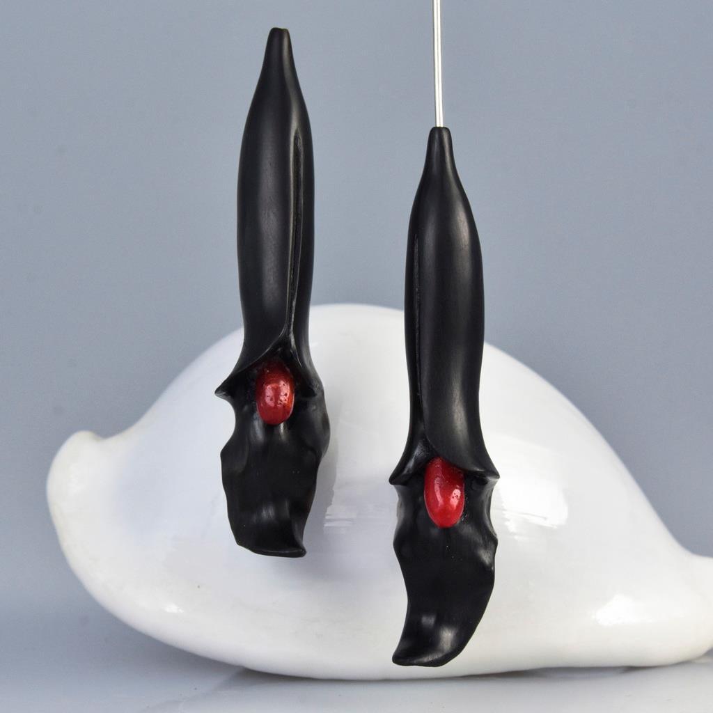 Trumpet Flower Earring Pair Carved Black Horn & Red Sponge Coral drilled 6.80g